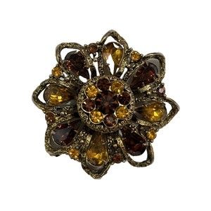 Vintage Rhinestone Brooch Pin, Large Amber Gold Floral Jewelry,